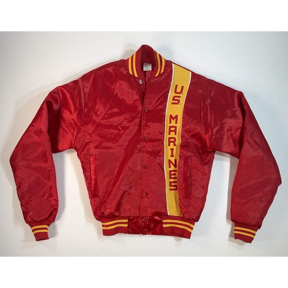 Vintage US Marines Jacket Mens S Red Soffe Satin Varsity Bomber Made USA 80s